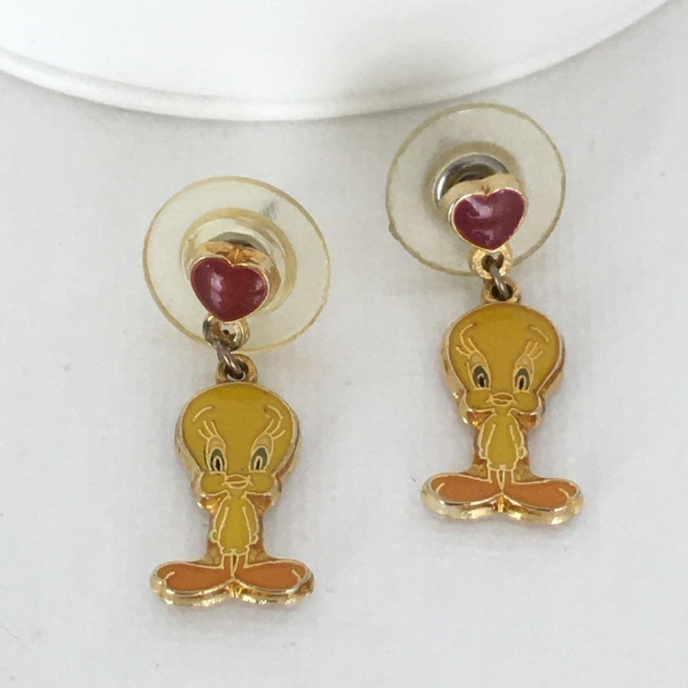 Vintage Tweety Bird Heart Enamel Earrings Gold Pierced Dangle By WB Foster Grant